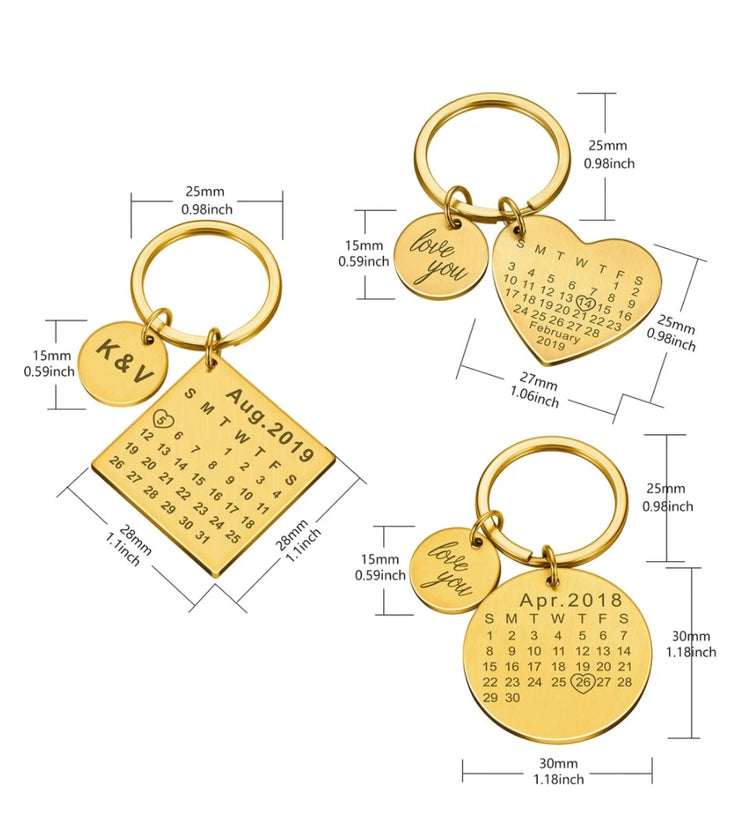 Personalisierte Schlüsselanhänger mit Kalendereintrag für Jahrestage oder Hochzeitstage
